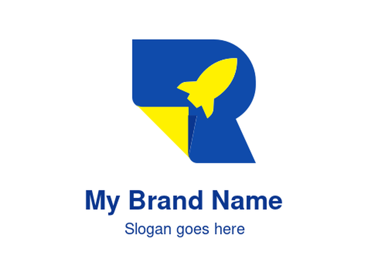 Blue and Yellow Rocket Launch "R" Letter Logo - Dynamic Startup and Rapid Growth Technology Symbo